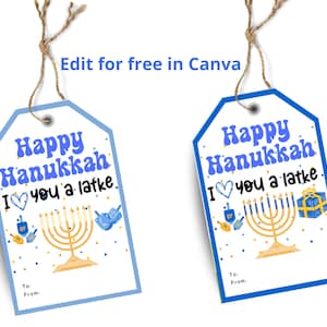 Editable Happy Hanukkah Gift Tag Template, Printable Chanukah Tag, Gelt Favor Tags, Holiday Present Tag, Gift Labels, Editable in Canva