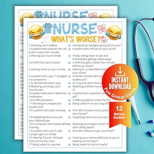 May include: A printed game sheet titled Nurse What's Worse featuring a list of seventeen nursing-related scenarios to compare, decorated with blue text, laughing emojis, a stethoscope icon, and a bandage icon, with an orange instant download badge.