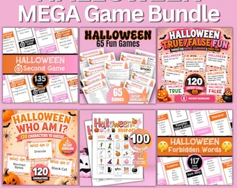 Halloween Games,Pink Halloween Party Bundle,Classroom Halloween Bingo,5 Second Game,65 Fun Printable Halloween Games for Adults,Teens & Kids