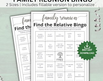 Editable Family Reunion Bingo Game, Find the Relative Bingo Game, Best Selling Reunion Party Games, Reunion Icebreaker Games, Fillable PDF.