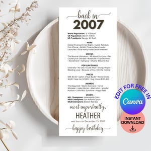 Cartões de lugar para aniversário de 18 anos, decorações editáveis para festa de 18 anos, cartões de mesa para nascidos em 2007, presente de aniversário para ela para ele, notícias de 2007