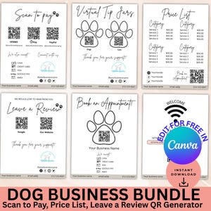 Bearbeitbarer Hundezüchter Scan, um Flyer zu bezahlen, Canva Puppy Business QR-Code-Bundle, Preislistenvorlage für Haustierpflege, Hundegang Hinterlassen Sie eine Bewertung,