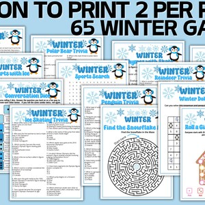 May include: A collection of printable winter game sheets featuring blue snowflake graphics and a cartoon penguin wearing blue earmuffs. The text includes titles like Winter Charades, Winter Polar Bear Trivia, Winter Sports Search, and Winter Ice Skating Trivia.