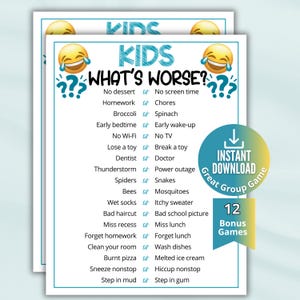 Peut inclure: Une feuille de jeu imprimable intitulée KIDS WHAT'S WORSE? présentant une liste de questions de comparaison avec des émojis. Le texte inclut des paires comme No dessert ou No screen time, Homework ou Chores, avec une bordure bleue.