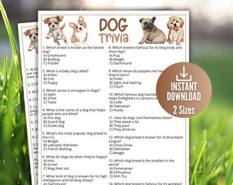 犬のトリビアゲーム、子供と大人向けの印刷可能なペットパーティーゲーム、動物のトリビア、犬の子犬のシャワー、犬の養子縁組の誕生日アクティビティ、家族で楽しめるゲームナイト