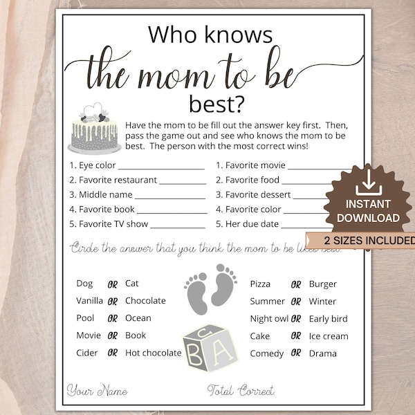 Who Knows The Mom to Be Best, Printable Baby Shower Game, Who Knows Mommy Best, Minimalist Baby Shower, Shower questionnaire Activity