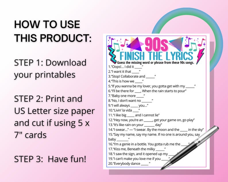 90 Musical Note 90s Finish the Lyrics Trivia Game, Printable Nineties Music Game for ...