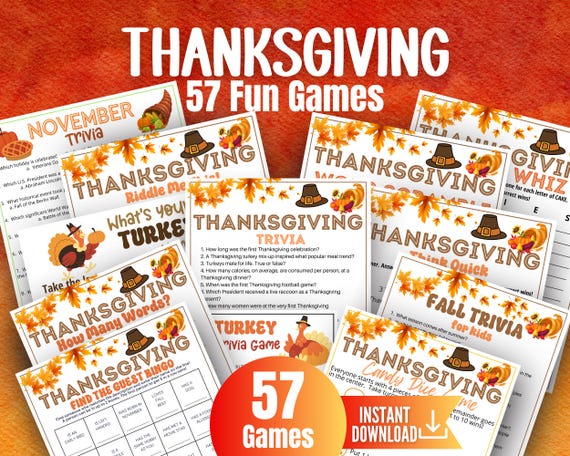 Thanksgiving Game Bundle, Fall Trivia Games, 57 Fun Printable Games for adults and kids, Friendsgiving Games, Thanksgiving Family Activities