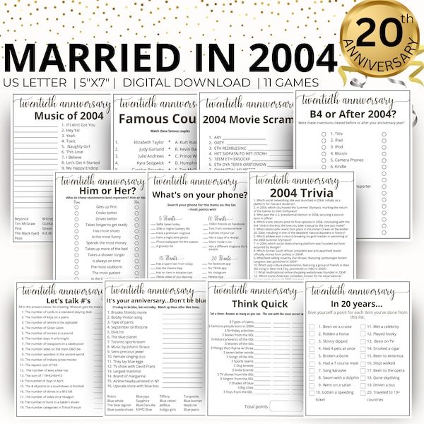 20th Wedding Anniversary Games, Married in 2004 Game, 2004 Anniversary Games Party Gift,20th Anniversary Games,Printable 11 Game Bundle Gift