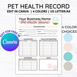 Bewerkbaar gezondheidsdossier huisdieren, fokkersgegevens honden, formulieren fokker honden, gratis bewerken in Canva D001