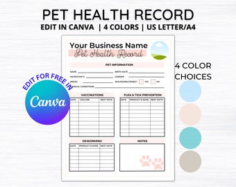 Editable Pet Health Record, Dog Breeder Records, Dog Breeder Forms, Edit for Free in Canva D001