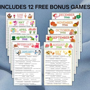 May include: A collection of twelve monthly trivia game sheets, each featuring seasonal illustrations and questions. The text at the top reads INCLUDES 12 FREE BONUS GAMES, followed by individual sheets for January through December with themed graphics.