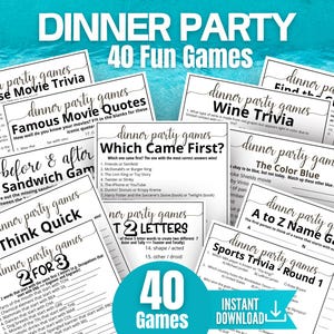 May include: A collection of printable dinner party games with various trivia and challenge themes. The games include movie quotes, wine trivia, and sports trivia. The image features a teal banner with the text "40 Games" and "Instant Download".