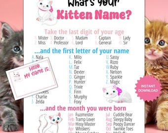 What's Your Kitten Name Game WITH NAMETAGS + SIGN, Kitty Party Game, Cat Party Games