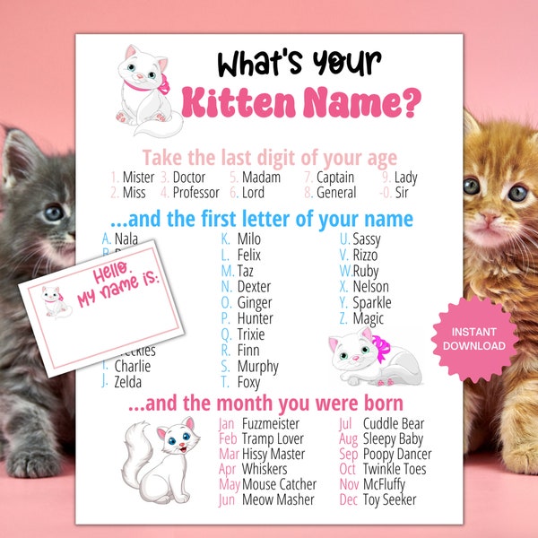 What's Your Kitten Name Game WITH NAMETAGS + SIGN, Kitty Party Game, Cat Party Games