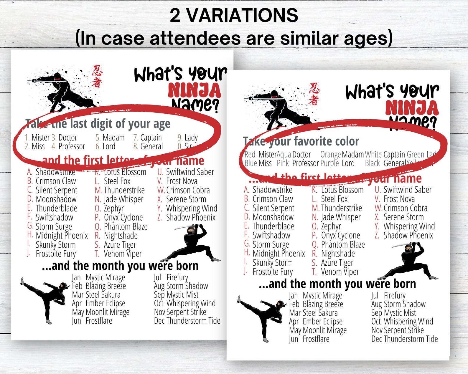 What's Your Ninja Name Game WITH NAMETAGS + SIGN, Ninja Theme Party ...