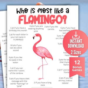 以下が含まれることがあります： ピンクと黒で「Who is most like a Flamingo?」と書かれた、フラミンゴをテーマにした印刷可能なパーティーゲーム。ゲームにはポイントベースの質問とフラミンゴのイラストが含まれています。「Instant Download」と「2 Sizes」と書かれた赤い円が見えます。