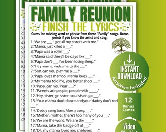 Family Reunion Finish the Lyrics Trivia Game, Printable Family Gathering Music Game for Kids Teens Adults, MultiGenerational Family Party