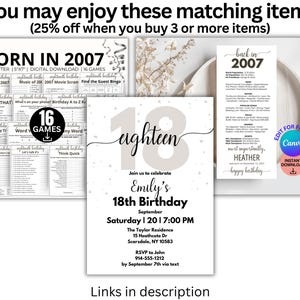 May include: A printable 18th birthday party invitation with a gray and white color scheme. The invitation features the text "eighteen" in a script font and includes details about the party, including the date, time, and location. The invitation also includes a link to a website where you can edit the invitation for free.