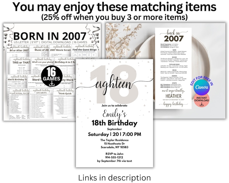 May include: A printable 18th birthday party invitation with a gray and white color scheme. The invitation features the text "eighteen" in a script font and includes details about the party, including the date, time, and location. The invitation also includes a link to a website where you can edit the invitation for free.