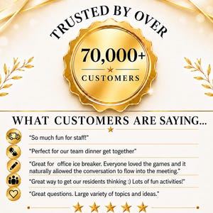 May include: A gold circular badge with the text TRUSTED BY OVER 70,000+ CUSTOMERS. Below, the text WHAT CUSTOMERS ARE SAYING appears next to five gold icons representing a truck, gears, pencil, people, and heart, followed by five customer testimonials.
