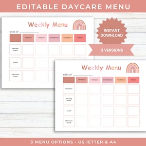 Daycare weekly menu printable, Daycare meal menu, editable menu preschool, best selling weekly daycare menu planner, Fillable printable PDF
