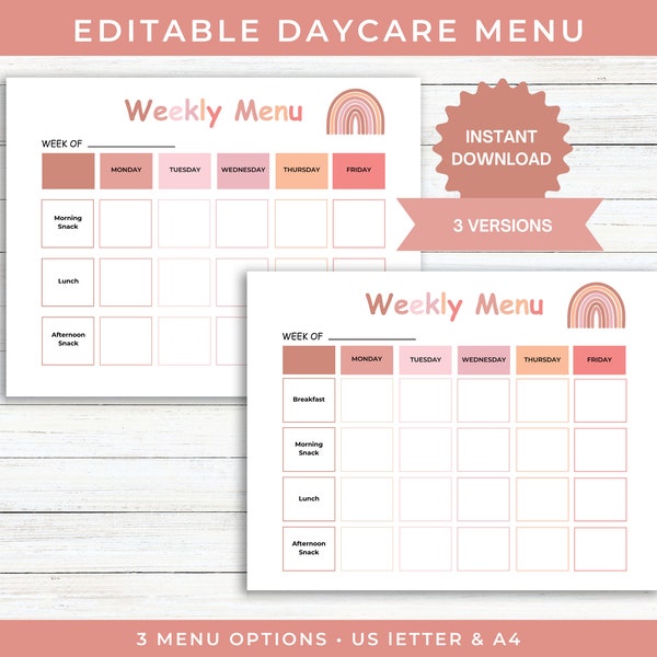 Daycare weekly menu printable, Daycare meal menu, editable menu preschool, weekly daycare menu planner, Fillable printable PDF