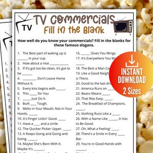 TV Commercial Trivia Game, Ad Slogan Fill in the Blank Quiz, Printable Game for Kids & Adults,Family Game Movie Night, Office Party Fun