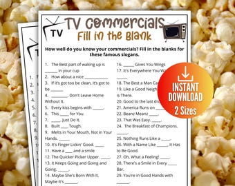 TV Commercial Trivia Game, Ad Slogan Fill in the Blank Quiz, Printable Game for Kids & Adults,Family Game Movie Night, Office Party Fun