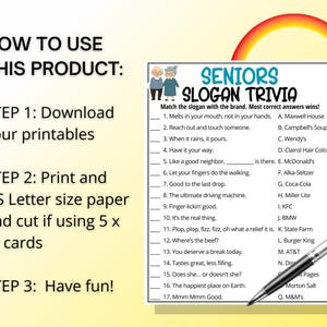 K&ouml;nnte beinhalten: Ein druckbares Seniors Slogan Trivia Spielblatt mit einer Liste von siebzehn Slogans zum Zuordnen von Marken, illustriert mit zwei &auml;lteren Figuren. Der Text enth&auml;lt Anweisungen zum Herunterladen, Drucken auf A4-Papier und Zuschneiden von 13 x 18 cm Karten.
