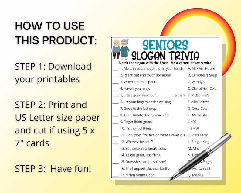 K&ouml;nnte beinhalten: Ein druckbares Seniors Slogan Trivia Spielblatt mit einer Liste von siebzehn Slogans zum Zuordnen von Marken, illustriert mit zwei &auml;lteren Figuren. Der Text enth&auml;lt Anweisungen zum Herunterladen, Drucken auf A4-Papier und Zuschneiden von 13 x 18 cm Karten.