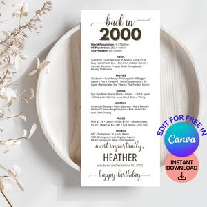 Tarjetas de mesa para el 25.º cumpleaños, decoraciones editables para la fiesta del 25.º cumpleaños, tarjetas de mesa para nacidos en el 2000, regalo de cumpleaños para ella y para él, noticias del 2000