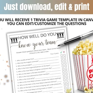 May include: A printable trivia game template titled How Well Do You Know Your Team with twelve numbered questions, a checkmark and x column, a black pen, and a red and white striped popcorn container filled with fresh popcorn on a white background.