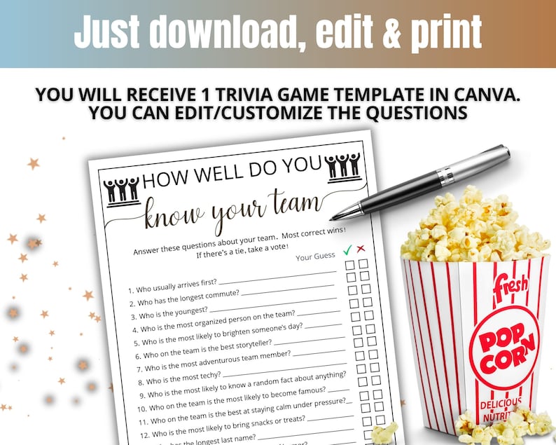 May include: A printable trivia game template titled How Well Do You Know Your Team with twelve numbered questions, a checkmark and x column, a black pen, and a red and white striped popcorn container filled with fresh popcorn on a white background.