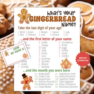 May include: A whimsical printable game titled "What's Your Gingerbread Name?" features a gingerbread man graphic and instructions for creating a fun name. Includes a fill-in-the-blank card and a red "Instant Download" button.