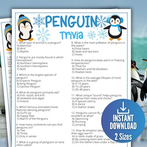 Könnte beinhalten: Ein weißes rechteckiges Blatt mit dem blauen Text PENGUIN TRIVIA, verziert mit hellblauen Schneeflocken und zwei gezeichneten Pinguinen mit Wintermützen und Schals. Das Blatt enthält dreizehn Multiple-Choice-Fragen über Pinguine.