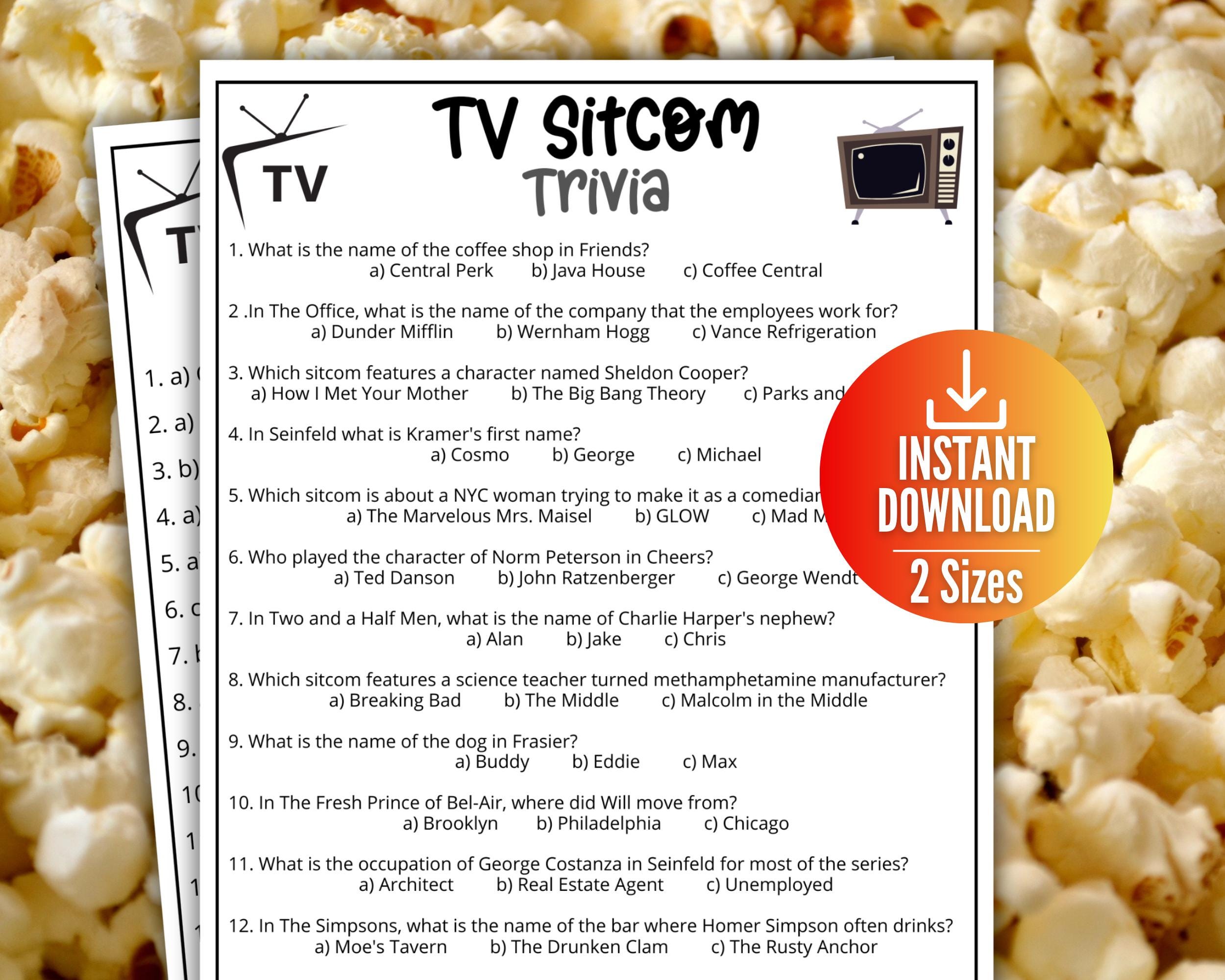 TV Sitcom Trivia Game, Television Trivia Quiz,Printable Game for Kids & Adults,Family Game Movie Night,Office Party Fun,TV Show Themed Party