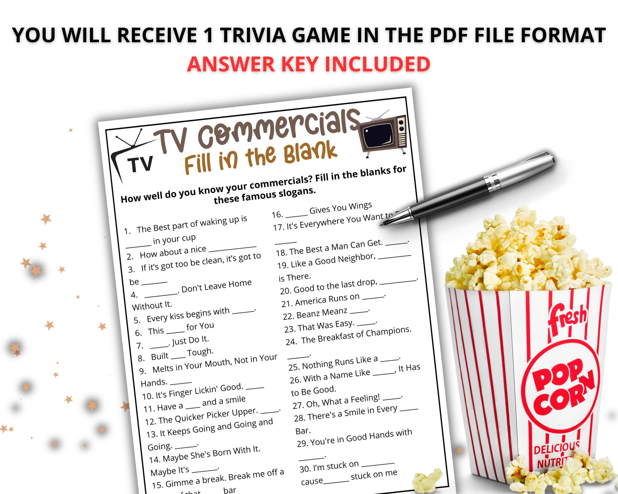 TV Commercial Trivia Game, Ad Slogan Fill in the Blank Quiz, Printable ...