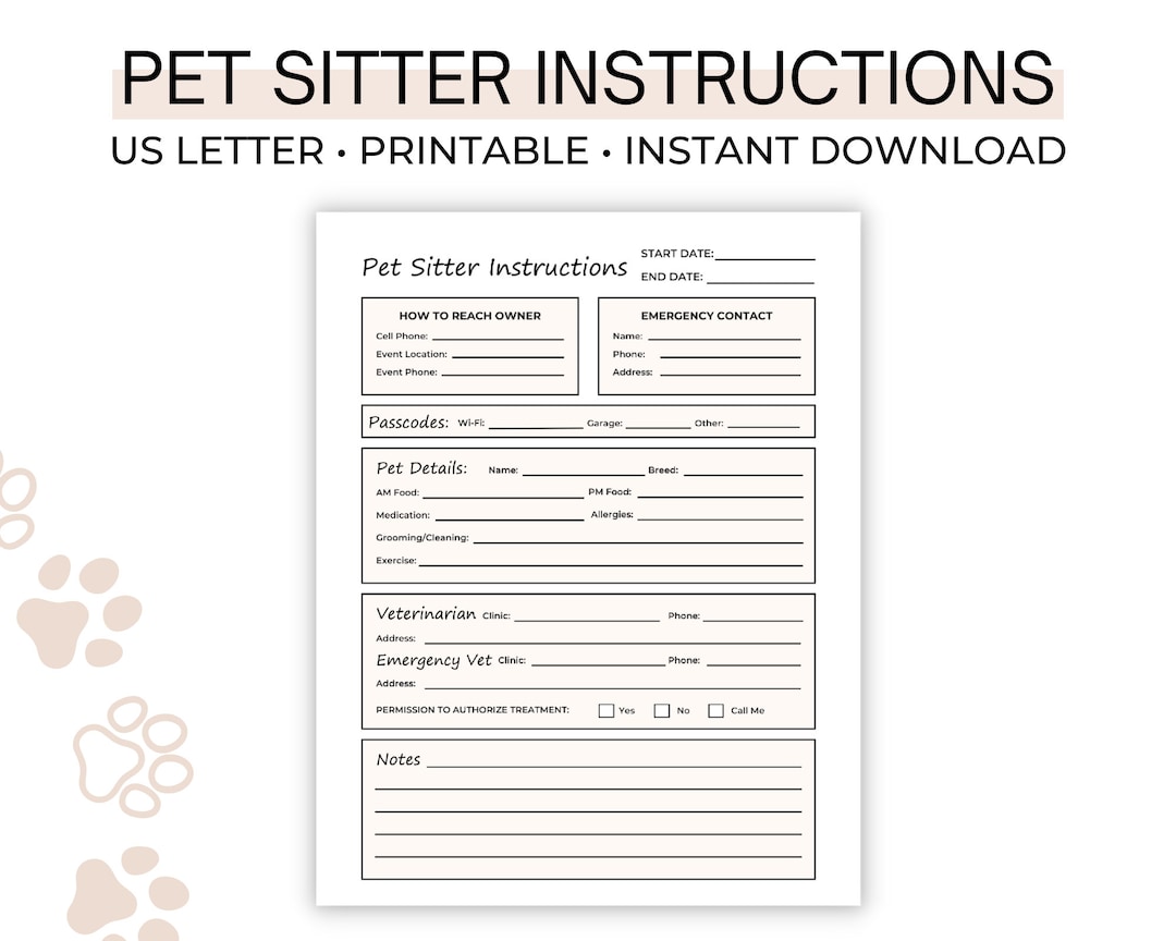 Pet Sitter Instructions, Pet Sitter Templates, Pet Sitter Form, Pet Sitter Notes, Pet Sitter