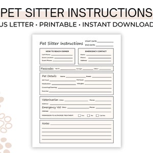 Pet Sitter Instructions, Pet Sitter Templates, Pet Sitter Form, Pet Sitter Notes, Pet Sitter Planner, PDF Printable COO1 D001