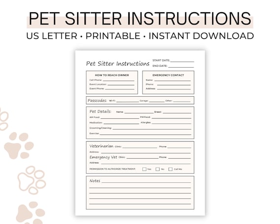 Pet Sitter Instructions, Pet Sitter Templates, Pet Sitter Form, Pet Sitter Notes, Pet Sitter Planner, PDF Printable COO1 D001