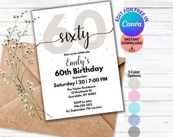 60th Birthday Invitations, Editable 60th BDay Party Invite, Born in 1966 Evites, Birthday Invites for Her or Him,DIY Customizable Invitation