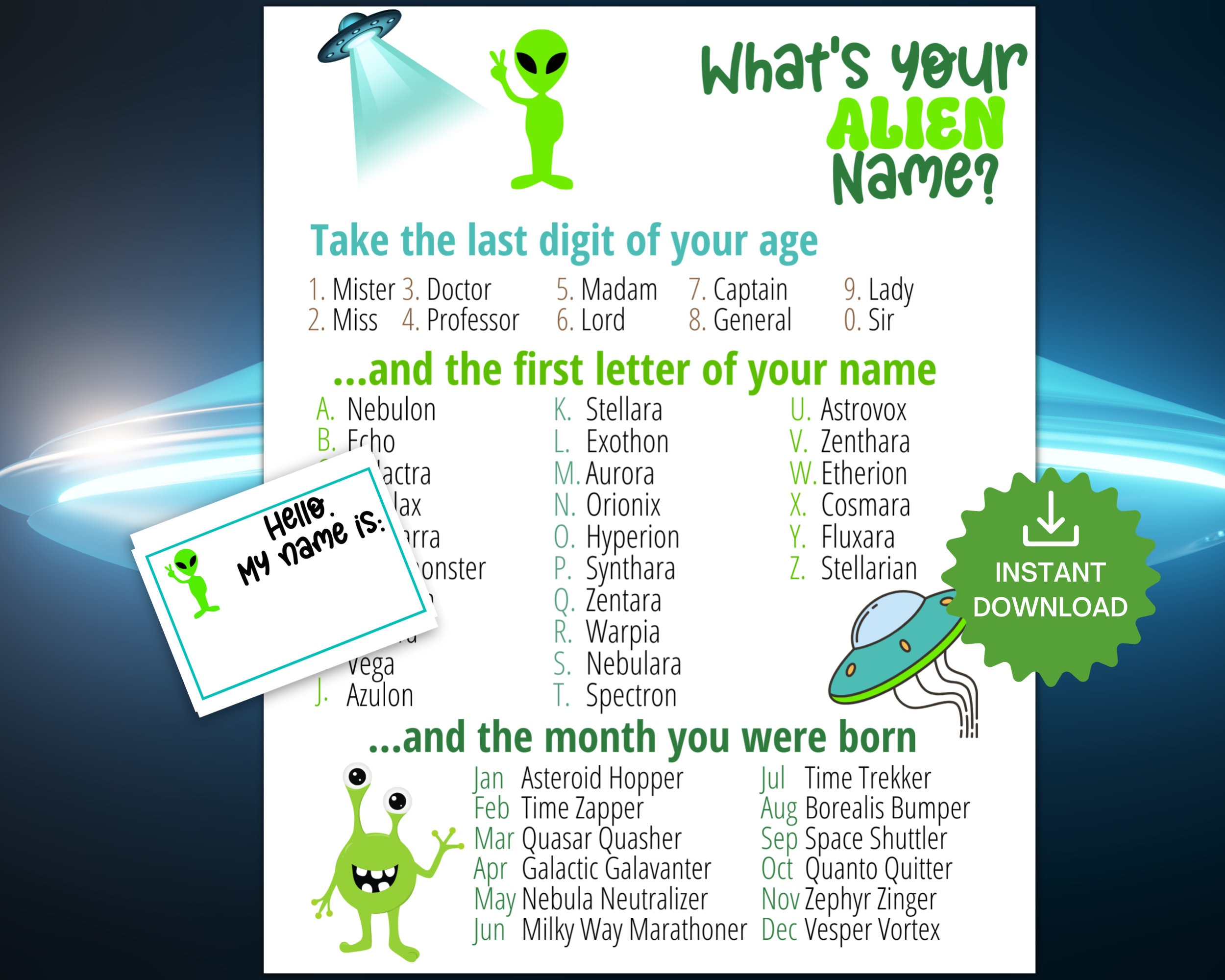 What's Your Alien Name Game With NAMETAGS SIGN, Alien Extraterrestrial