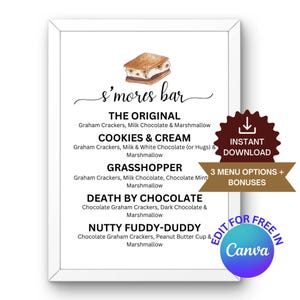Bearbeitbares S'mores Bar-Menü, druckbares Smores Bar-Schild, S'mores Station Party-Schild im Freien, Camping-Leckerei-Tischschild, Canva-Vorlage, 3 Menüs