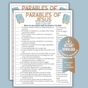 May include: A printable educational worksheet titled "Parables of Jesus Match Up." The worksheet features a matching game with descriptions of parables from the Bible. Includes an "Instant Download" and "Answer Key Included" graphic.
