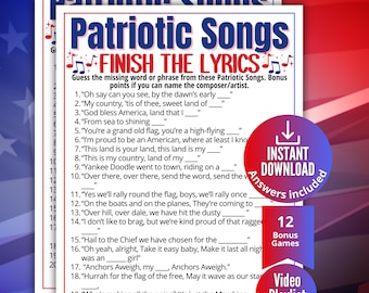 Patriotic Finish the Lyrics Trivia Game,Printable American Music Game for Teens & Adults,Senior Center Memory Activity,July 4th,Memorial Day
