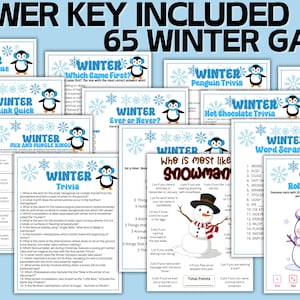 May include: A collection of 65 winter-themed game sheets featuring blue text, snowflake graphics, and cartoon penguins. Titles include Winter Color Blue, Think Quick, Mix and Mingle Bingo, Trivia, Ever or Never, Penguin Trivia, Hot Chocolate Trivia, Word Scramble, and Roll a Snowman.