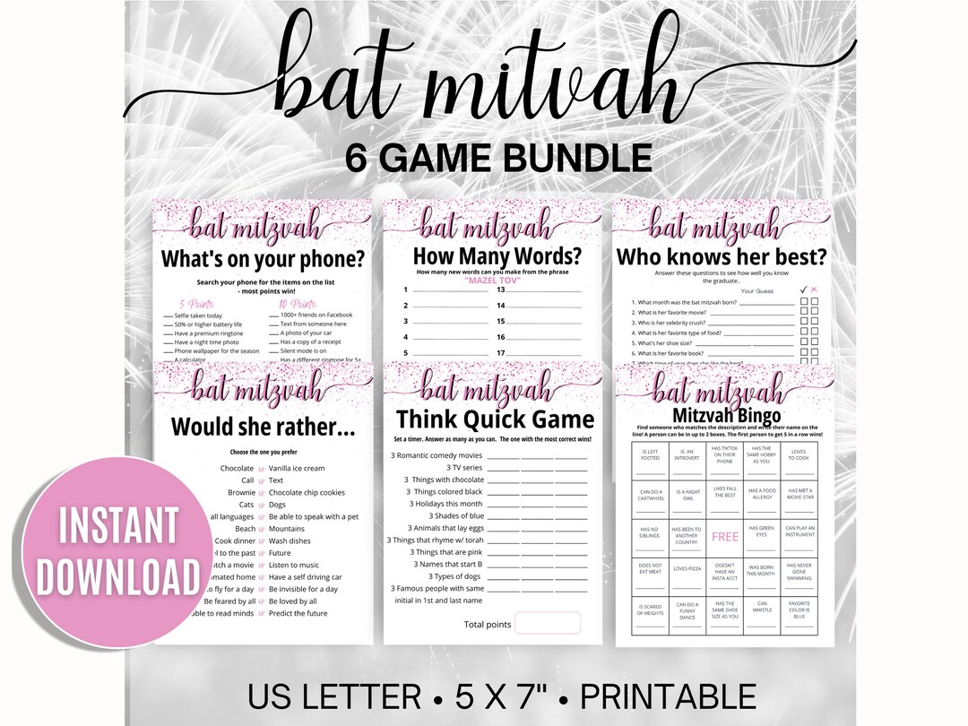 Bat Mitzvah Games, 6 Game Bundle, Bat Mitzvah Favors, Birthday Party