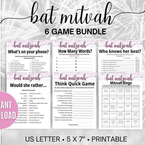 Bat Mitzvah Games, 6 Game Bundle, Bat Mitzvah Favors, Birthday Party Games, Mazel Tov, Jewish Bat Mitzvah Activities, Bat Mitzvah contests