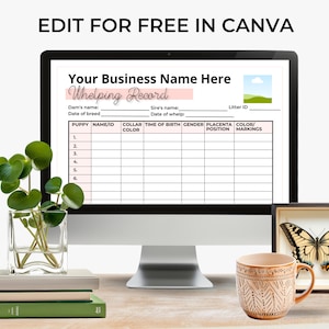 May include: A computer screen displaying a printable whelping record form. The form has fields for the dam's name, sire's name, date of breed, date of whelp, litter ID, puppy name/ID, collar color, time of birth, gender, placenta position, and color/markings.